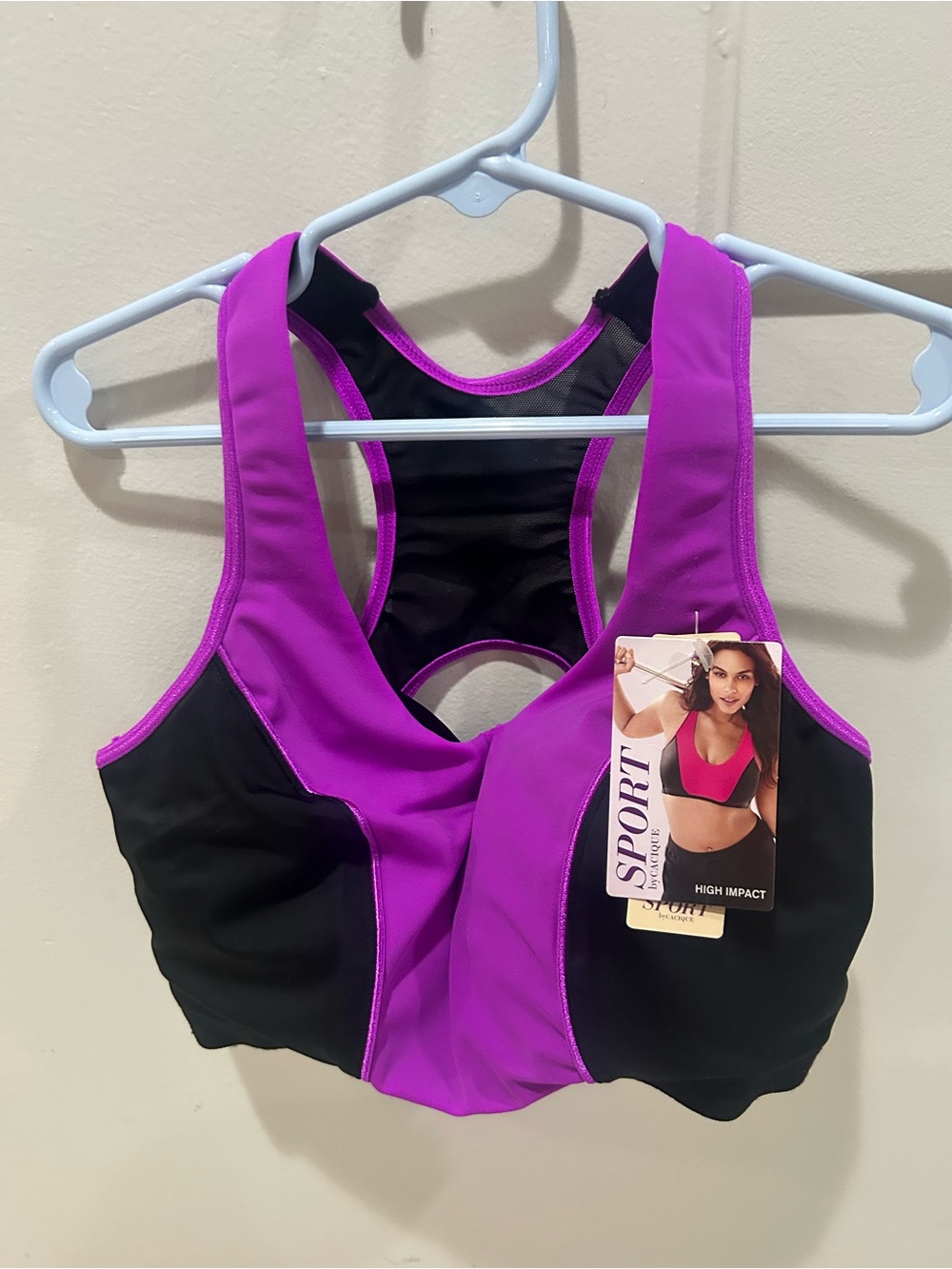 Cacique Sport Bra Lane Bryant Racerback Black Purple 36D High Impact No Wires